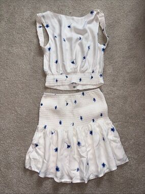 White & Blue Floral Smocked Skirt and Top Set